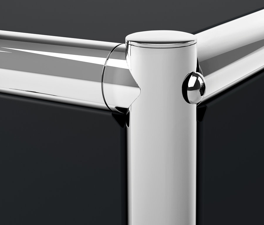 Détail d'un coin d'une étagère métallique noire CN3.