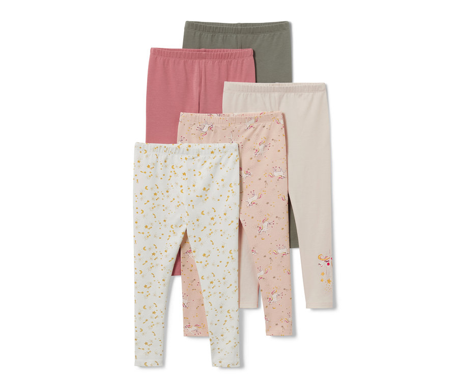Cinq leggings pour enfant, motif intégral olive, rose et crème, avec imprimés de licornes et d'étoiles.