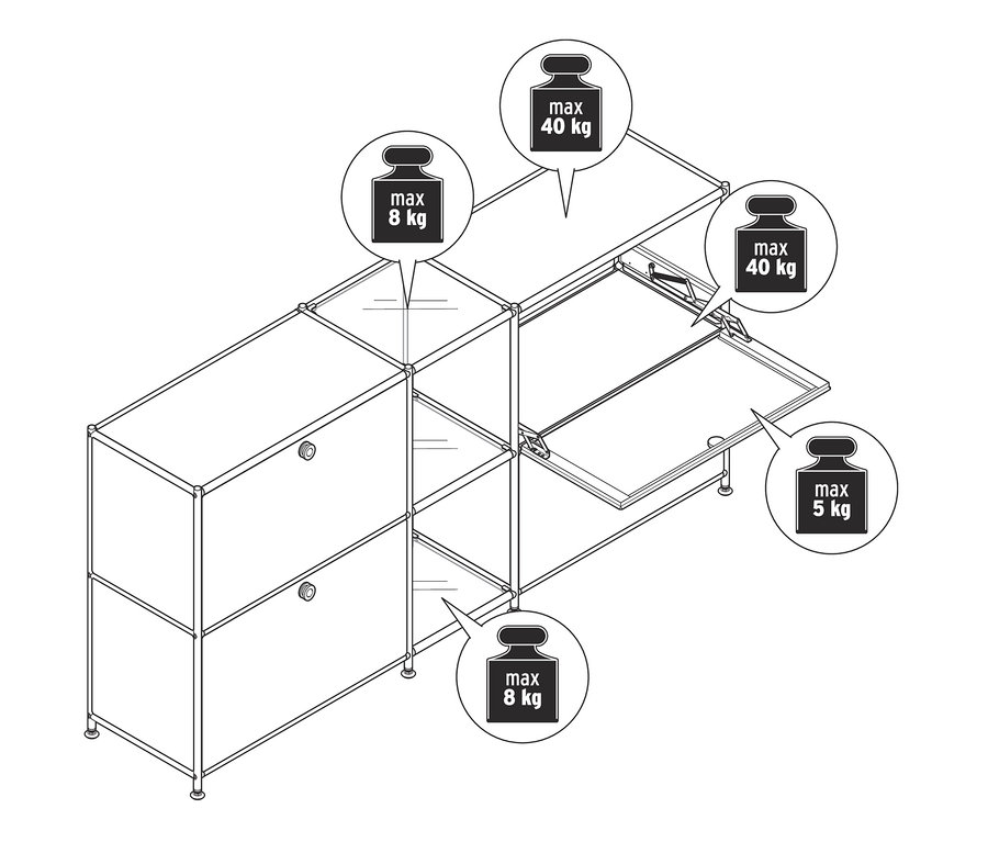 Schéma d'un buffet en métal « CN3 » à 4 abattants avec une capacité de charge maximale.