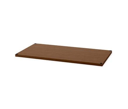 Gros plan sur un plateau supérieur « CN3 » plaqué en bois véritable, aspect noyer, largeur 77 cm.