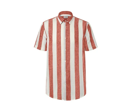 Chemise à manches courtes avec du lin rayée rouge et blanche.