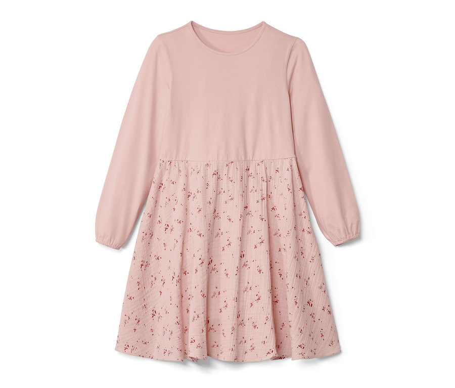 Robe tisée rose pour enfant avec des manches longues et un motif floral sur la jupe.