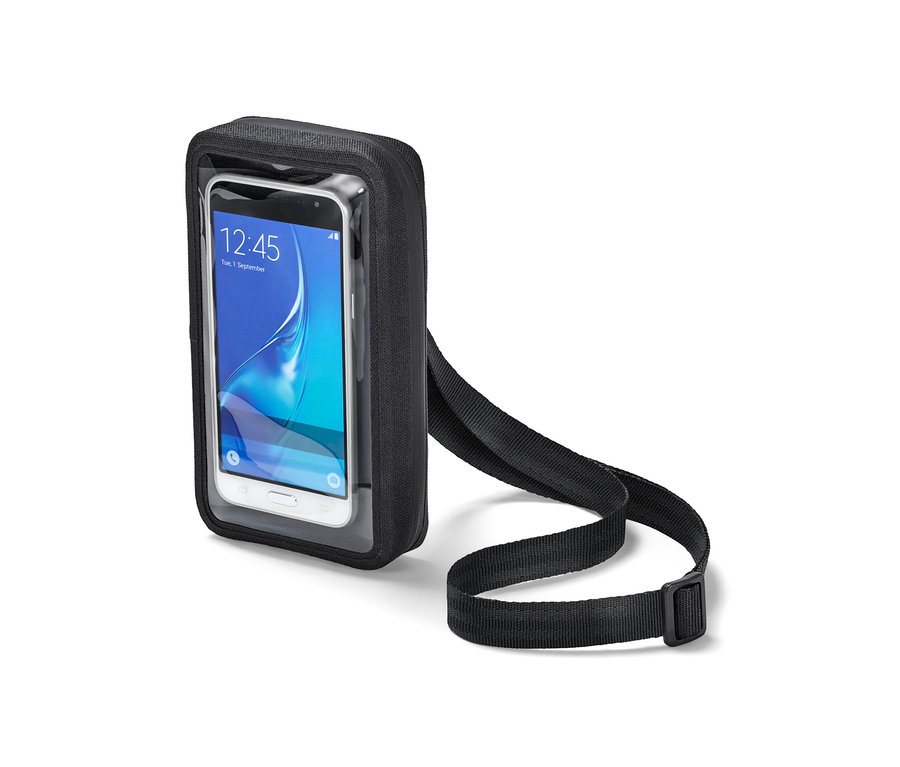 Poche noire pour smartphone 2 en 1 avec compartiment transparent pour téléphone et bandoulière noire.