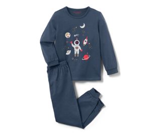 Haut bleu moyen à imprimé espace multicolore, pantalon bleu moyen