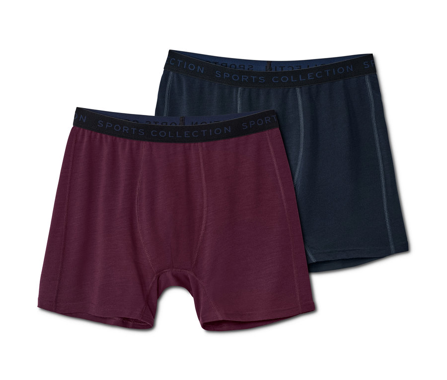 Deux boxers techniques avec de la laine mérinos, un bordeaux et un bleu foncé.