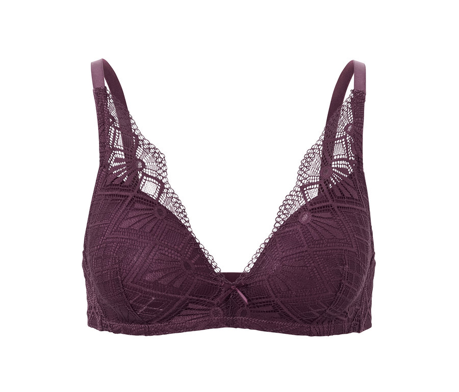 Soutien-gorge à coques souples violet aubergine avec bordure en dentelle et nœud au centre.