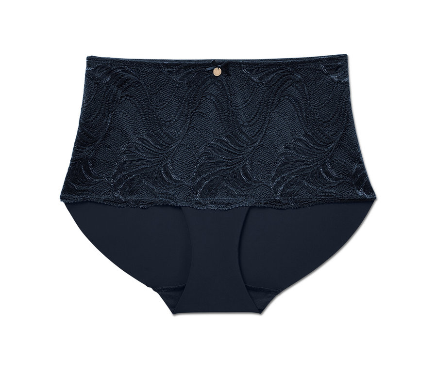Panty taille haute « sculptant légèrement la silhouette », bleu foncé sur fond blanc.