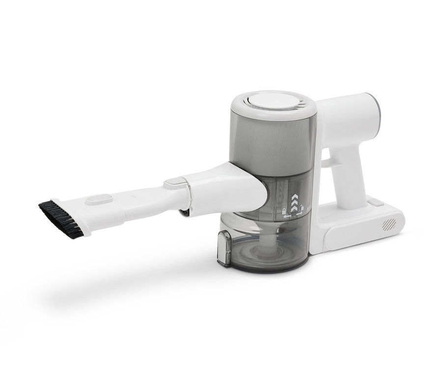 Aspirateur sur batterie professionnel blanc avec brosse.