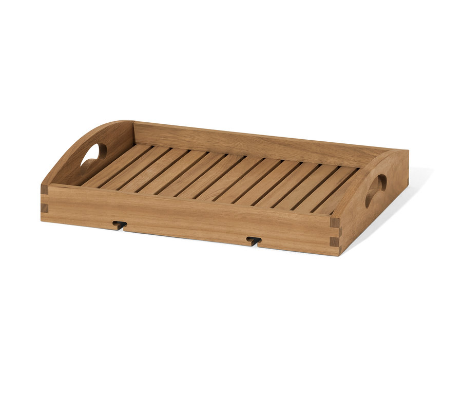 Détail d'un bar roulant avec plateau amovible.