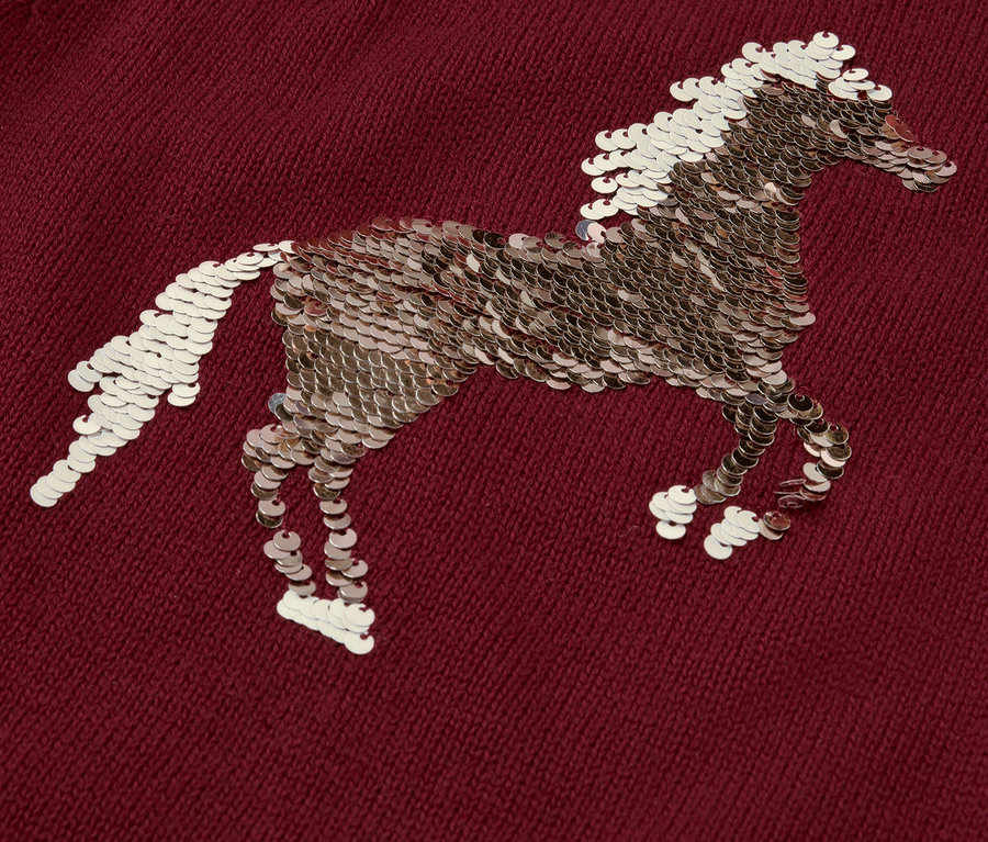 Gros plan sur un pull en maille pour enfant orné d'un motif de cheval décoré de paillettes.