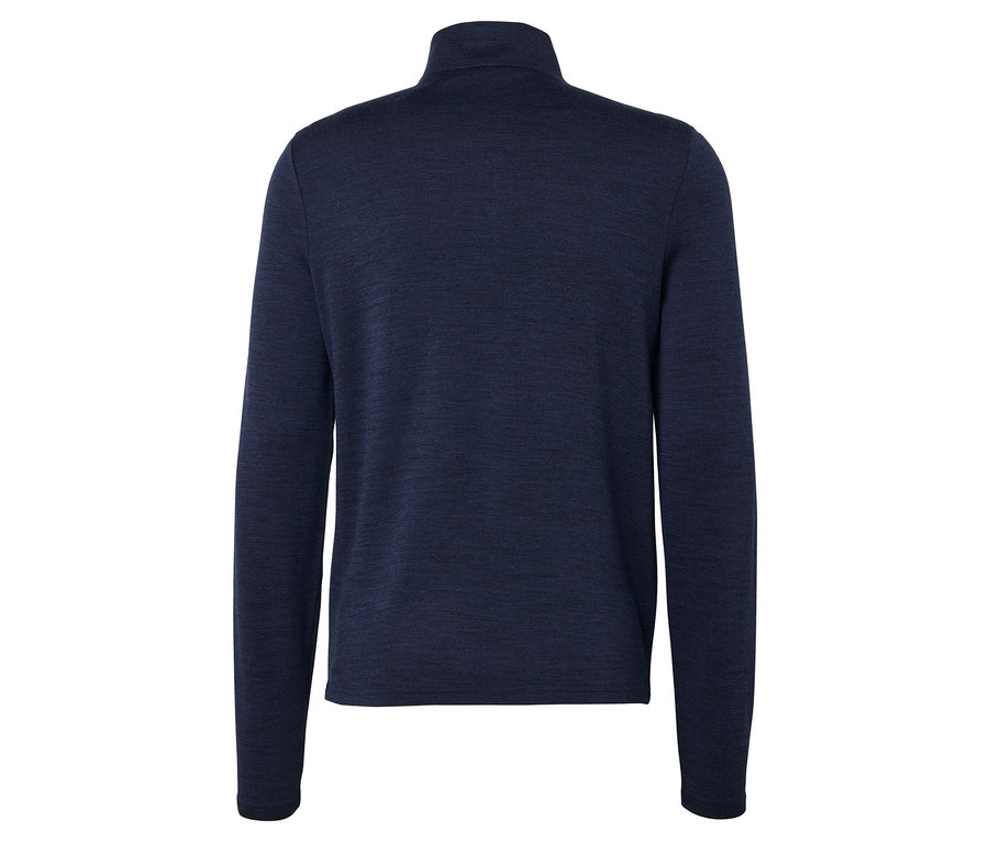 Vue arrière d'un pull à col roulé bleu foncé.