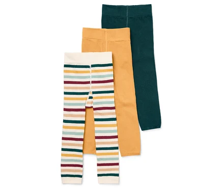 Trois collants pour enfants : un à rayures, un moutarde et un vert foncé.