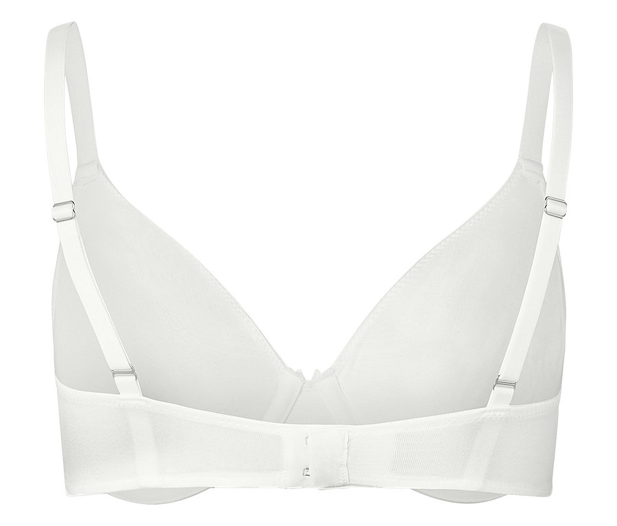 Vue arrière d'un soutien-gorge à armatures blanc avec bretelles réglables.