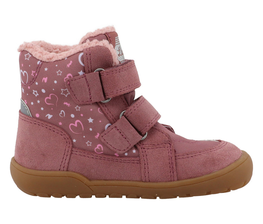 Botillons d'hiver roses Lurchi Jilly Barefoot-TEX pour enfants avec des étoiles et des cœurs.