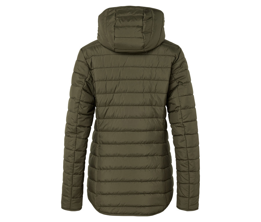 Vue arrière d'une veste matelassée vert olive avec capuche.