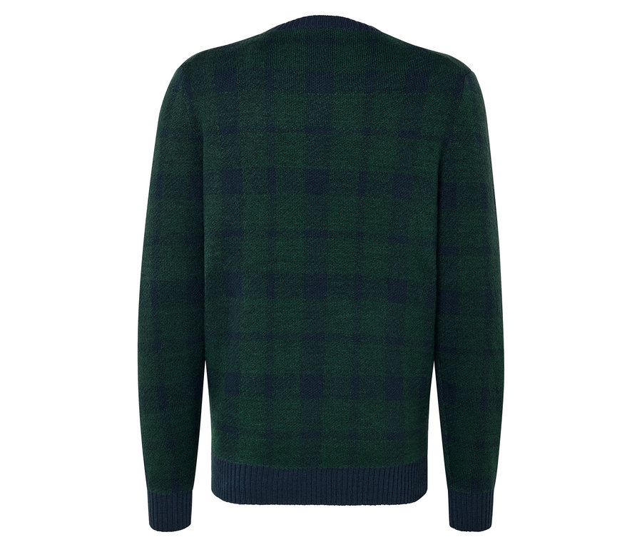 Vue arrière d'un pull vert avec un motif bleu foncé.