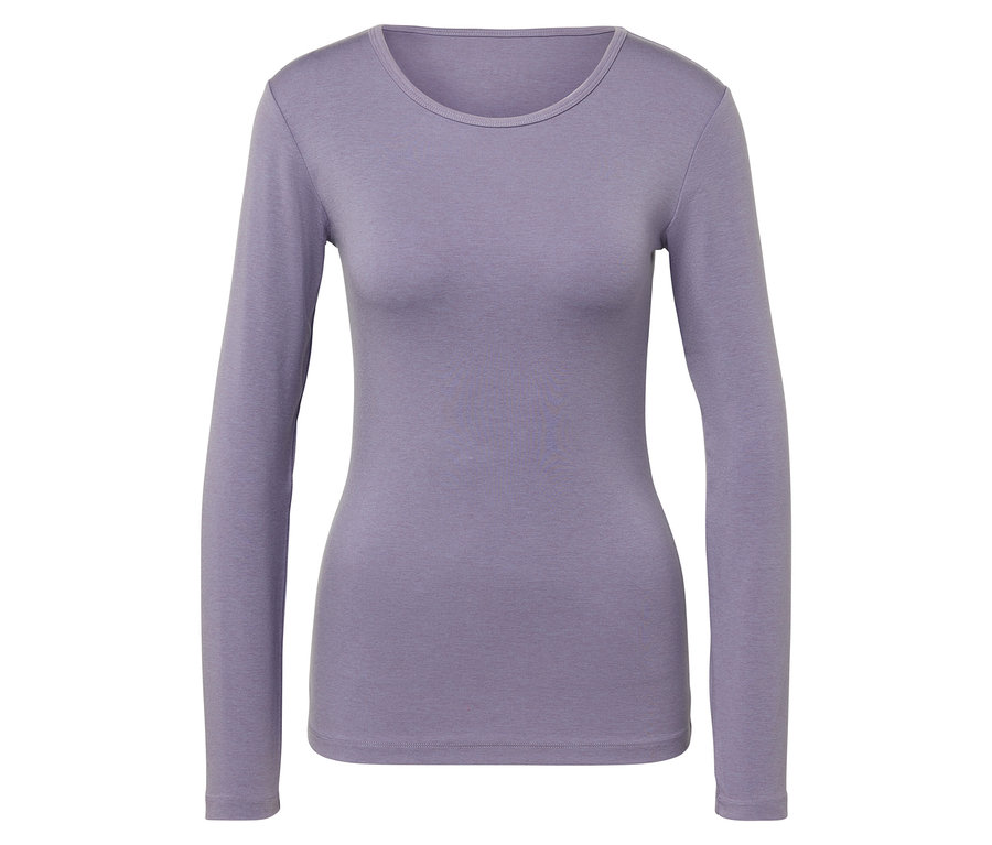T-shirt à manches longues violet en laine sur fond blanc.