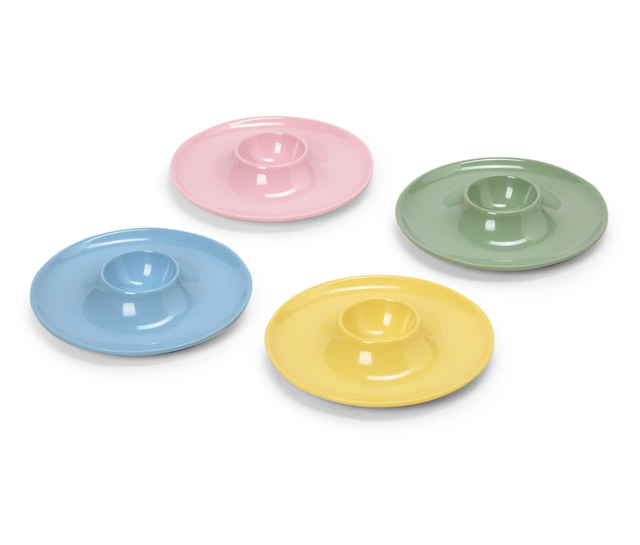 Quatre coquetiers pastel : bleu, rose, vert et jaune.