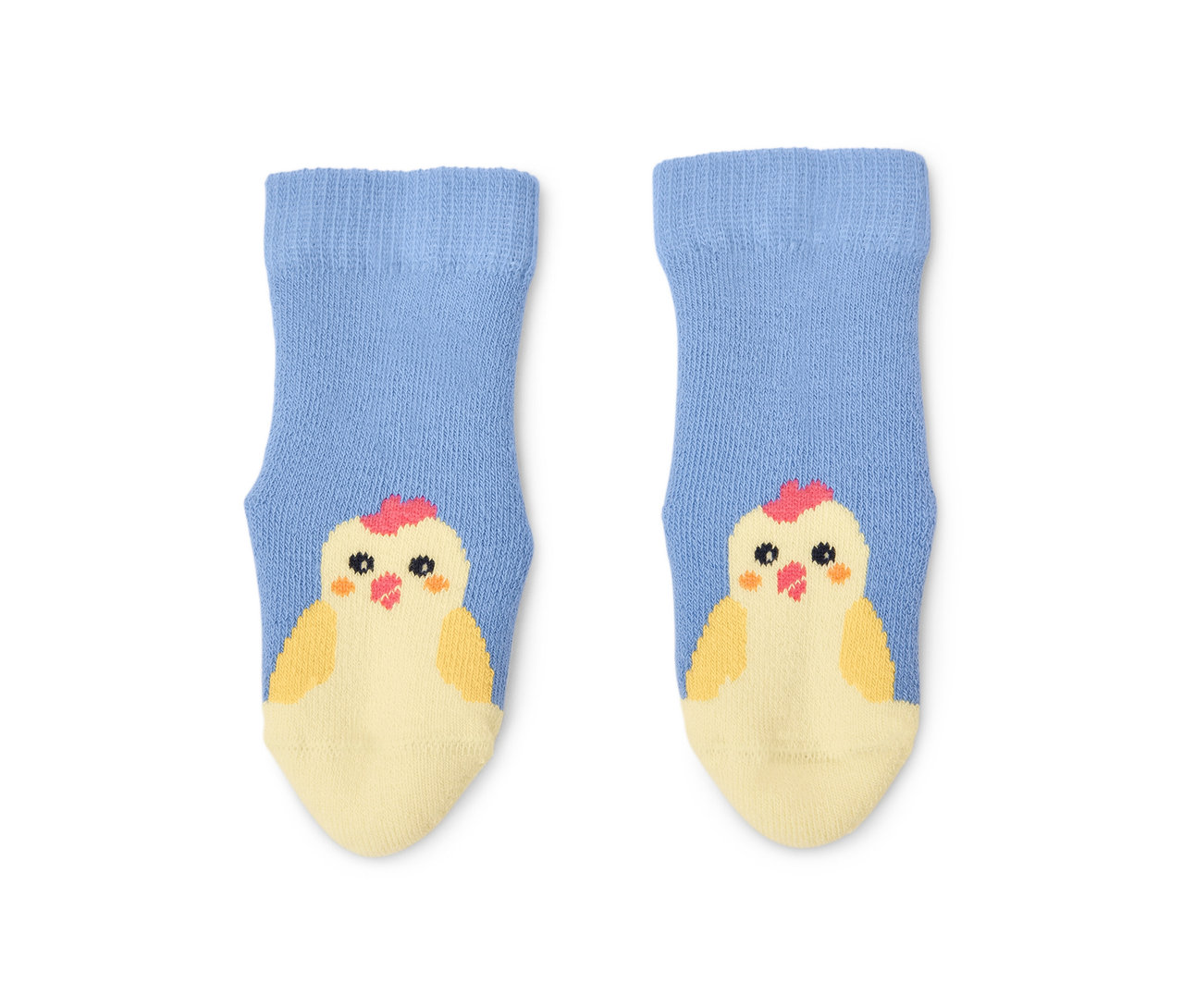 Deux chaussettes en éponge bleues pour bébé avec un motif de poussin.