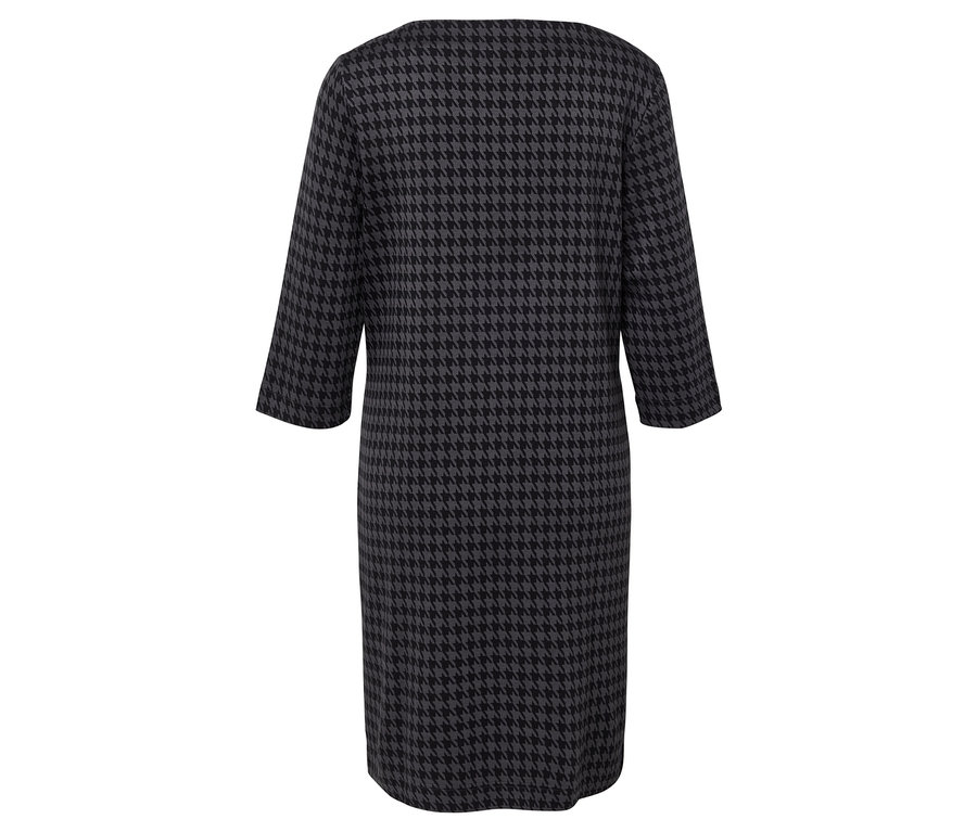 Vue arrière d'une robe pied-de-poule à manches trois-quarts.