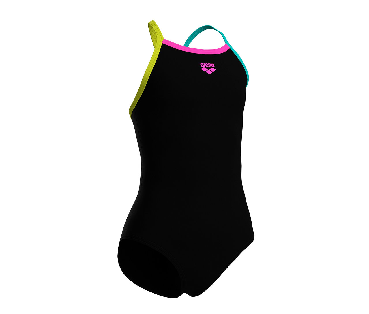 Maillot de bain arena Feel Light Drop Back Solid pour enfant, noir avec bretelles colorées.
