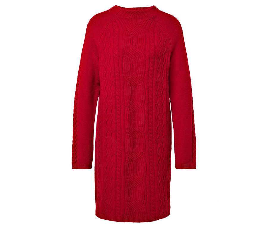 Robe rouge tricotée à manches longues avec motif torsadé.