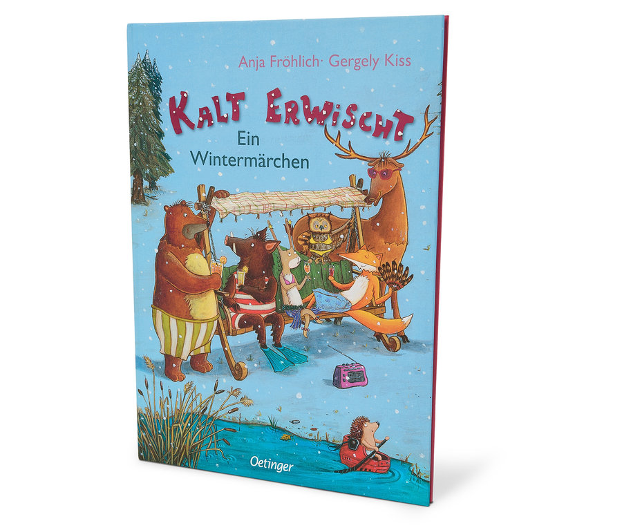 Couverture du livre intitulé Kalt Erwischt. Sur la couverture, une image d'animaux faisant une excursion dans un paysage hivernal.