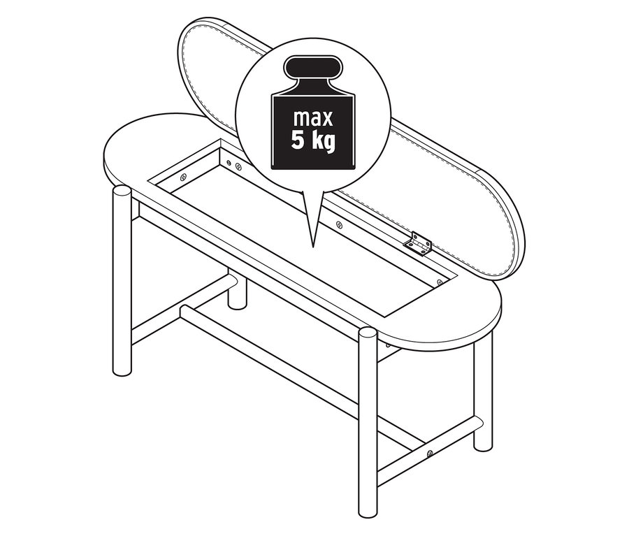 Dessin en noir et blanc d'un banc ovale avec une assise rembourrée relevée. L'intérieur du banc est un espace de rangement vide. Une légende indique une charge maximale de 5 kg.