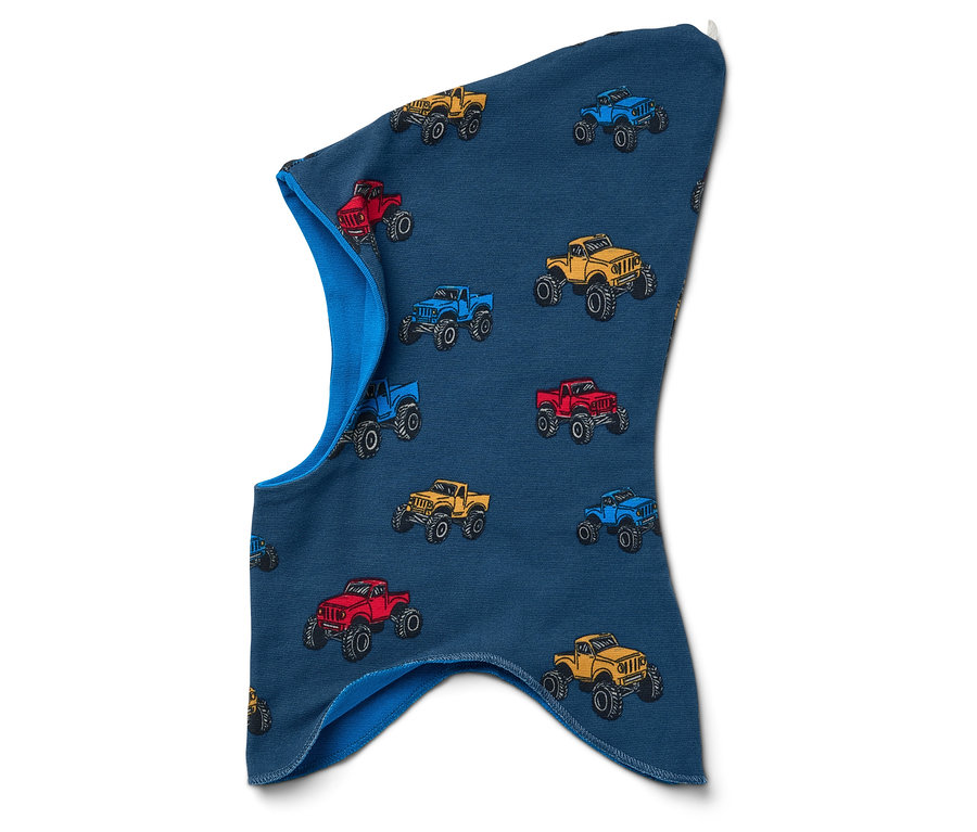 Cagoule bleue avec des motifs de camions monstres colorés.