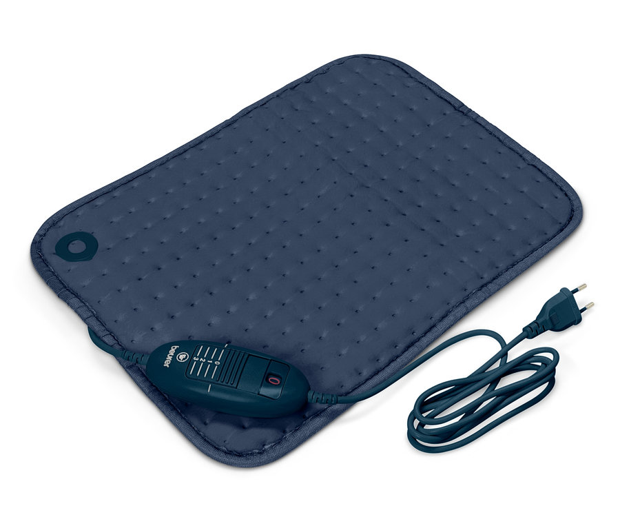 Un coussin chauffant bleu avec un contrôleur et un câble sur un fond blanc.