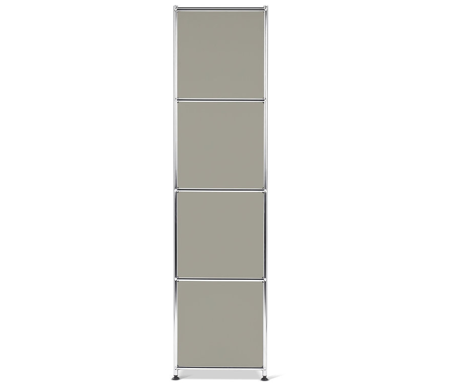 Quatre modules carrés gris avec un cadre chromé disposés verticalement les uns sur les autres.