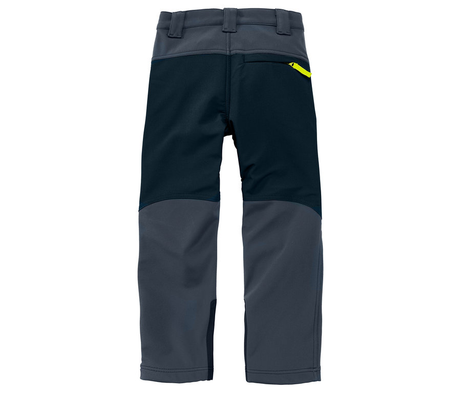 Vue arrière d'un pantalon pour enfants bleu marine et gris.
