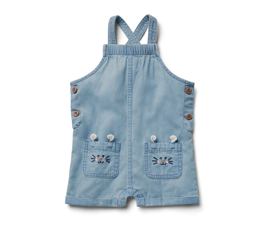 Salopette en chambray pour enfant avec des appliqués d'animaux sur les poches.