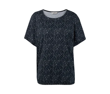 Chemisier à encolure dégagée bleu foncé avec motif de feuilles blanches.