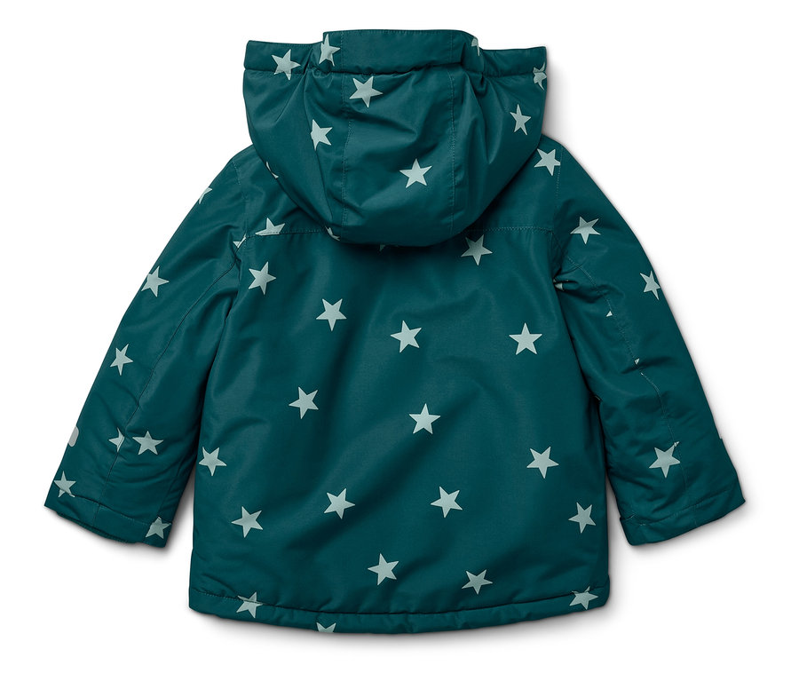 Veste vert foncé à capuche avec des étoiles blanches, vue de dos.