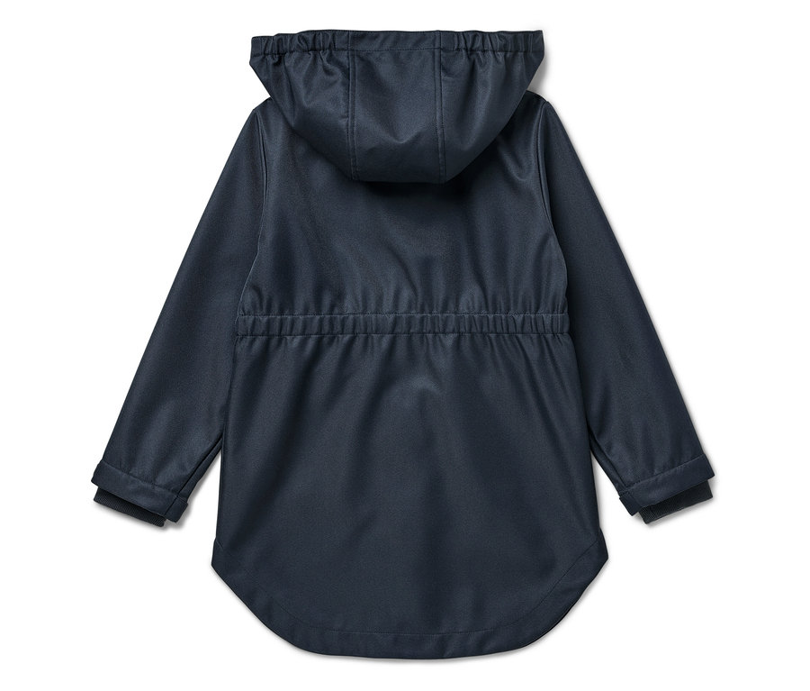 Manteau softshell bleu marine pour enfant vu de dos avec capuche.
