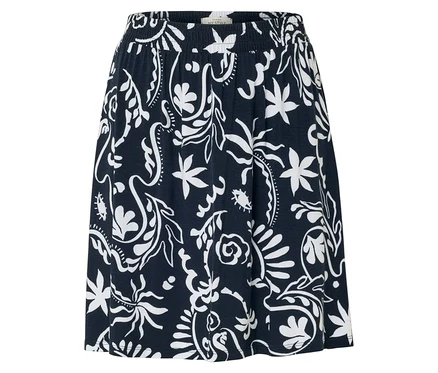 Une jupe bleu marine avec une ceinture élastique et un motif floral blanc.