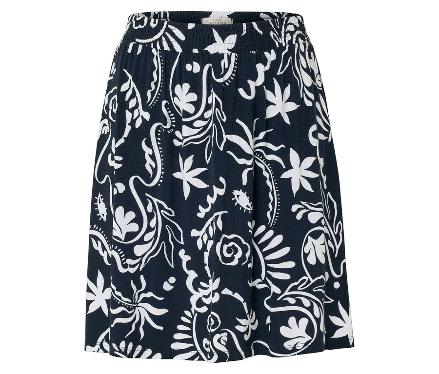 Une jupe bleu marine avec une ceinture élastique et un motif floral blanc.