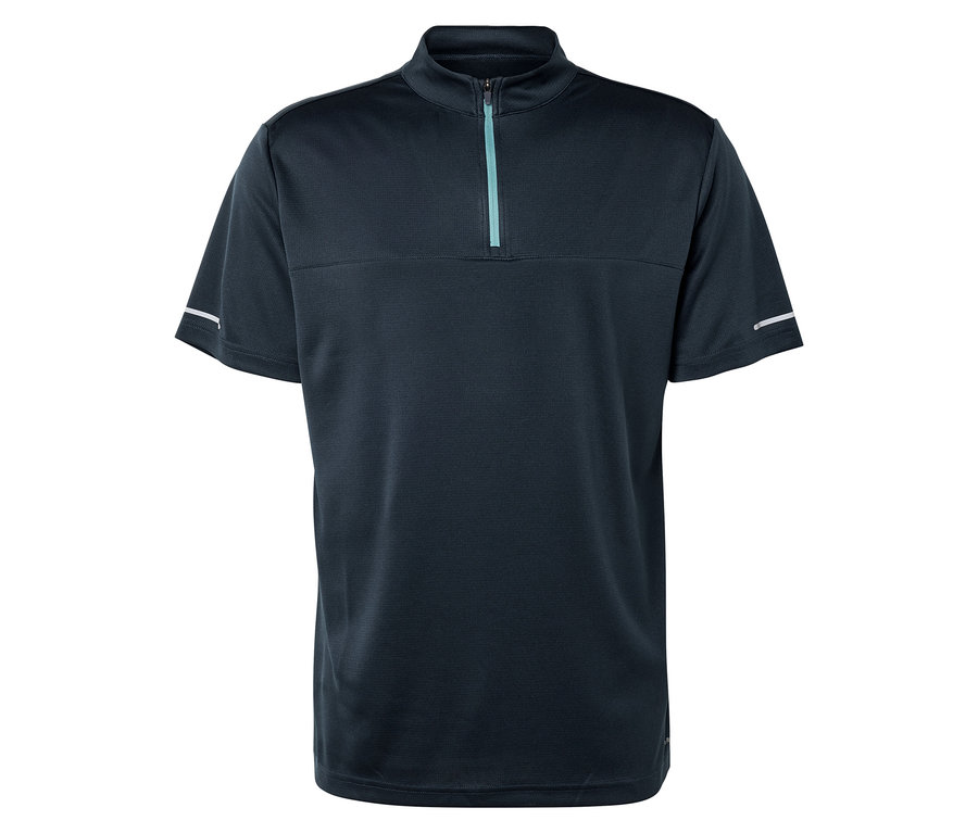 Gros plan sur un maillot de cyclisme bleu marine avec une courte fermeture éclair et des bandes réfléchissantes sur les manches.