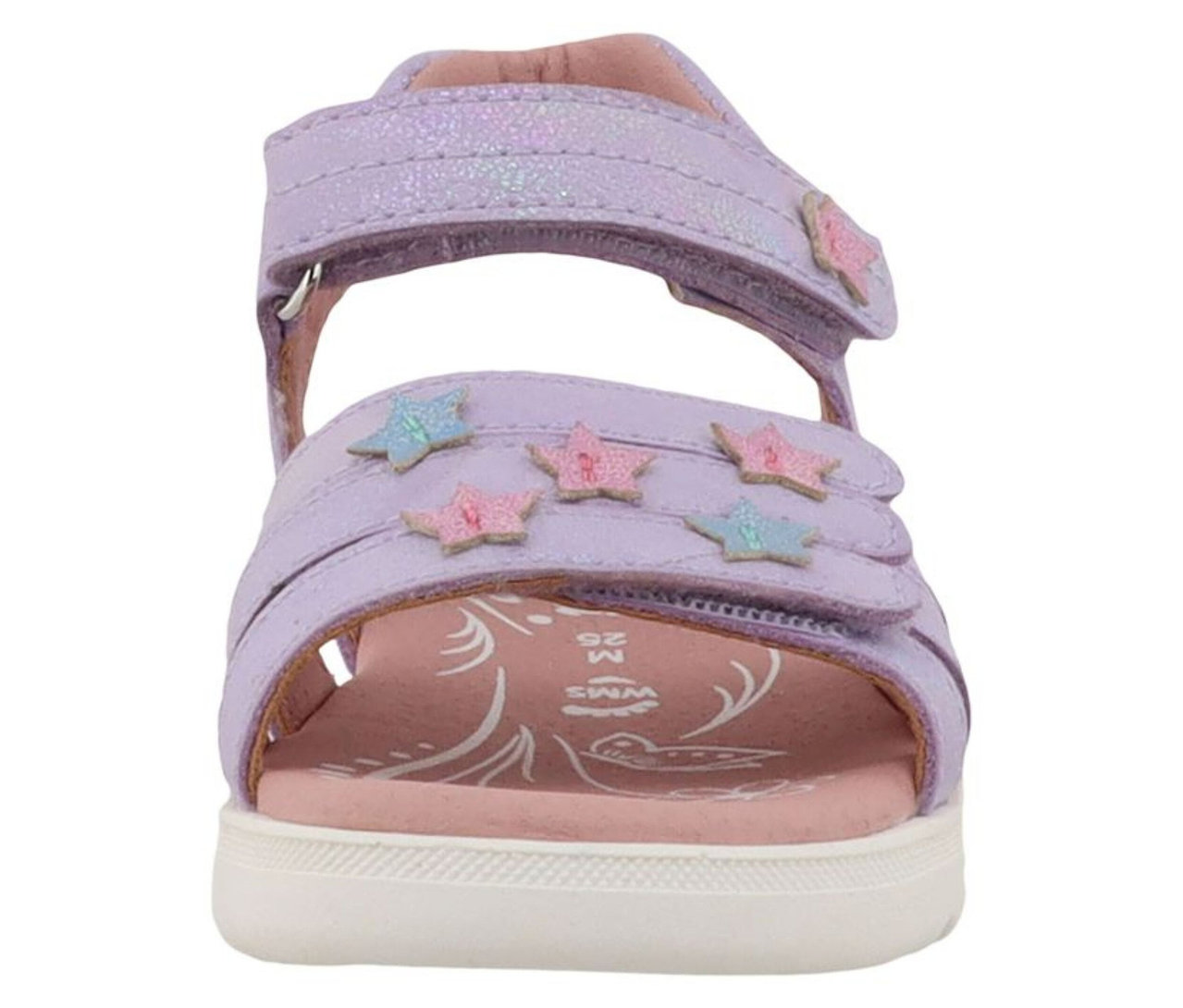 Une sandale pour fille LURCHI « Carin » de couleur lilas, avec des fermetures à scratch et des étoiles décoratives sur les brides. La semelle est blanche et rose.