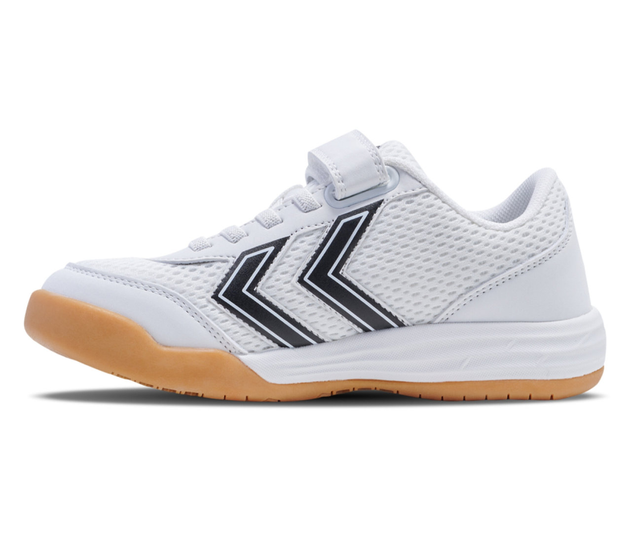 Chaussure blanche Multiplay Flex VC JR hummel® avec fermeture velcro et semelle marron.