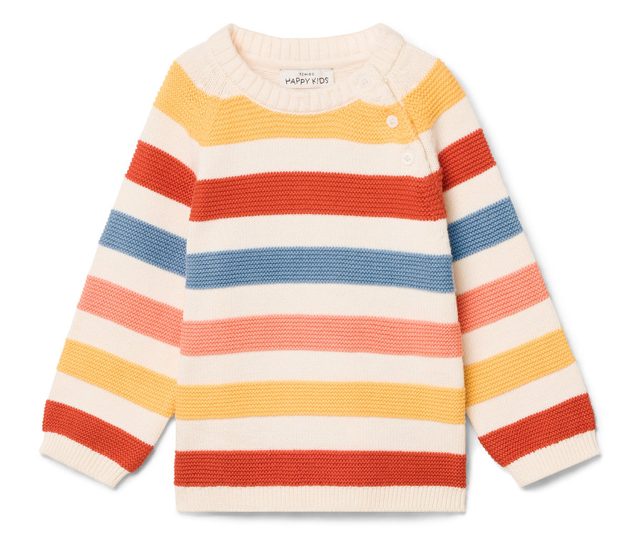 Pull rayé pour enfants en crème, jaune, rouge, bleu et rose avec deux boutons au col.
