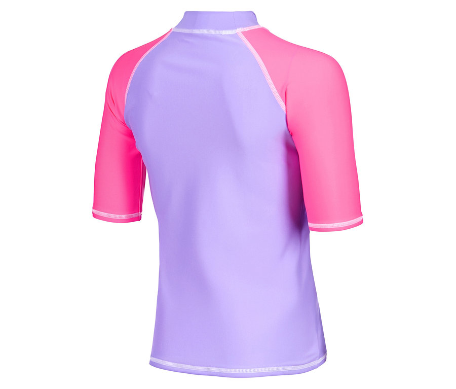 Vue arrière d'un haut de bain violet et rose à manches courtes.