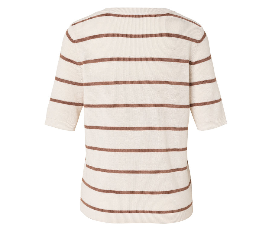 Vue arrière d'un haut en tricot crème à rayures marron et à manches courtes.