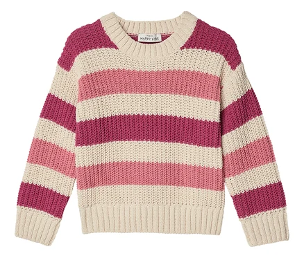 Pull chenille pour enfant à rayures horizontales crème, rose clair et rose foncé.