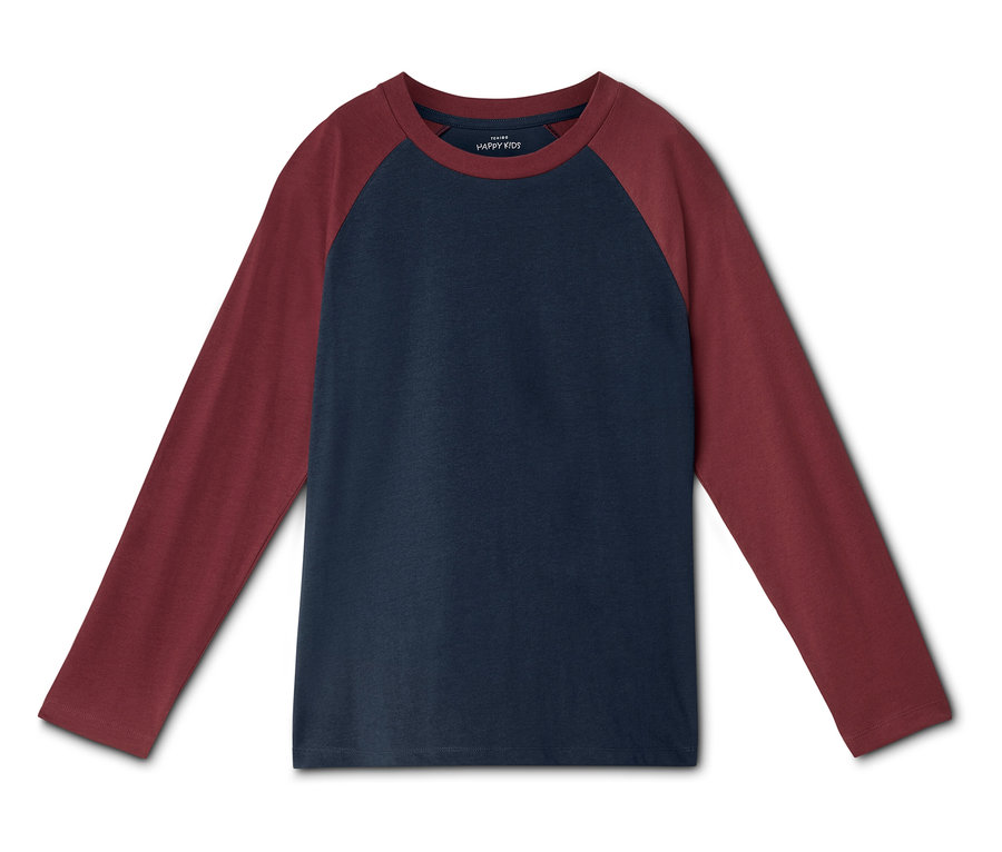 Un t-shirt raglan à manches longues avec un corps bleu foncé et des manches marron, orné d'une petite étiquette "HAPPY KIDS" au col.