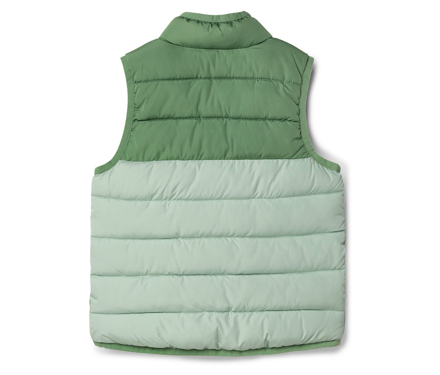 Vue arrière d'un gilet matelassé bicolore dans les tons de vert et de vert pastel.