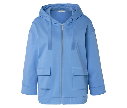 Veste à capuche bleu clair avec fermeture éclair et poches plaquées.