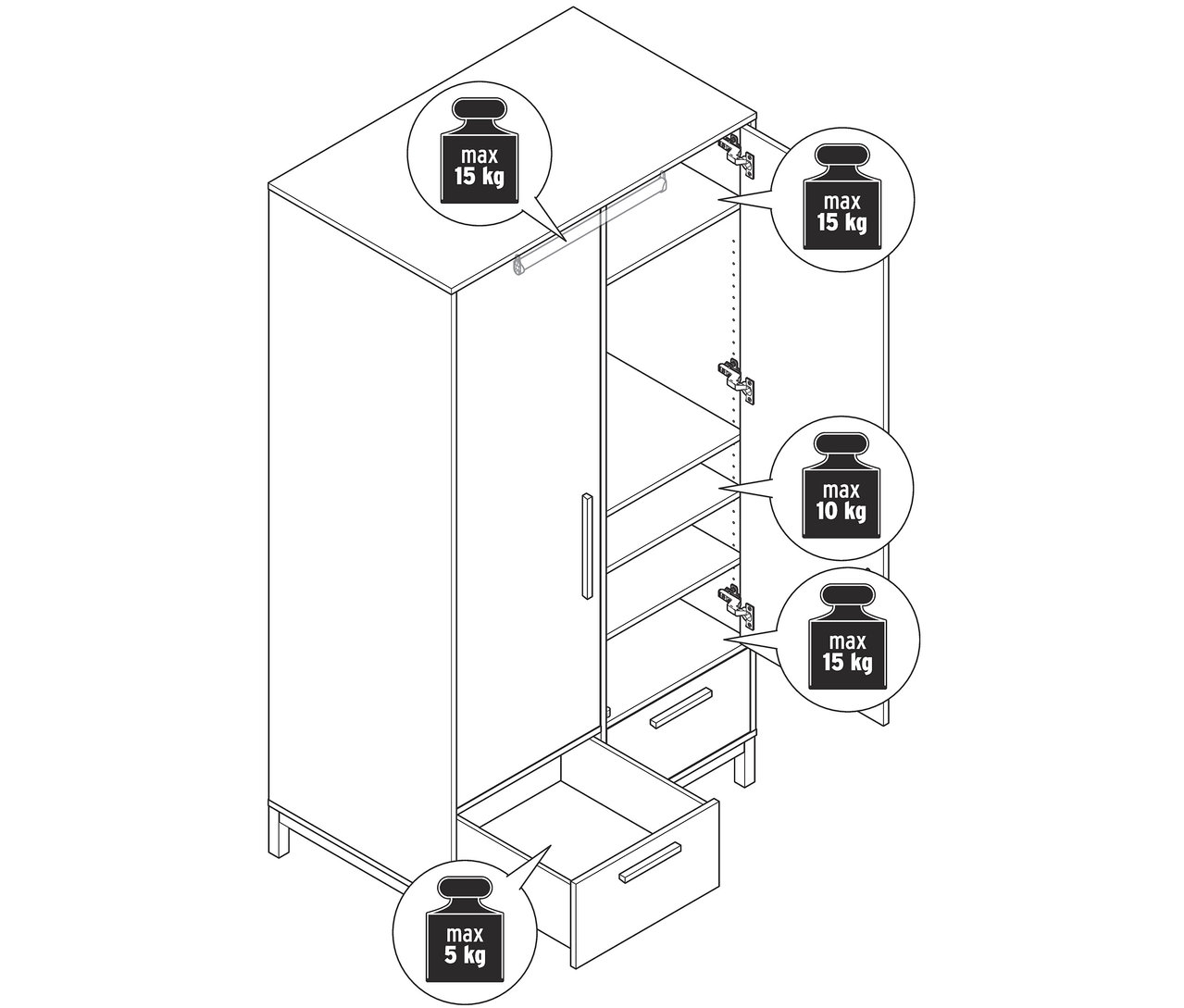 Dessin d'une armoire de chambre « Eklund » avec tiroirs, avec porte et tiroir ouverts.