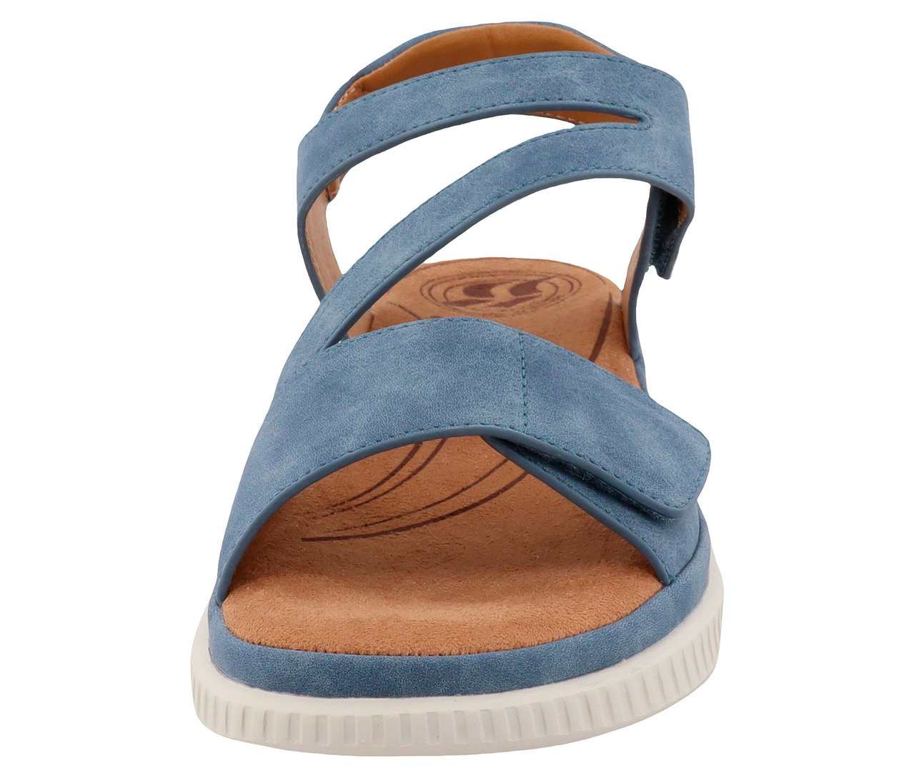 Sandale bleue avec des brides croisées et une semelle blanche.